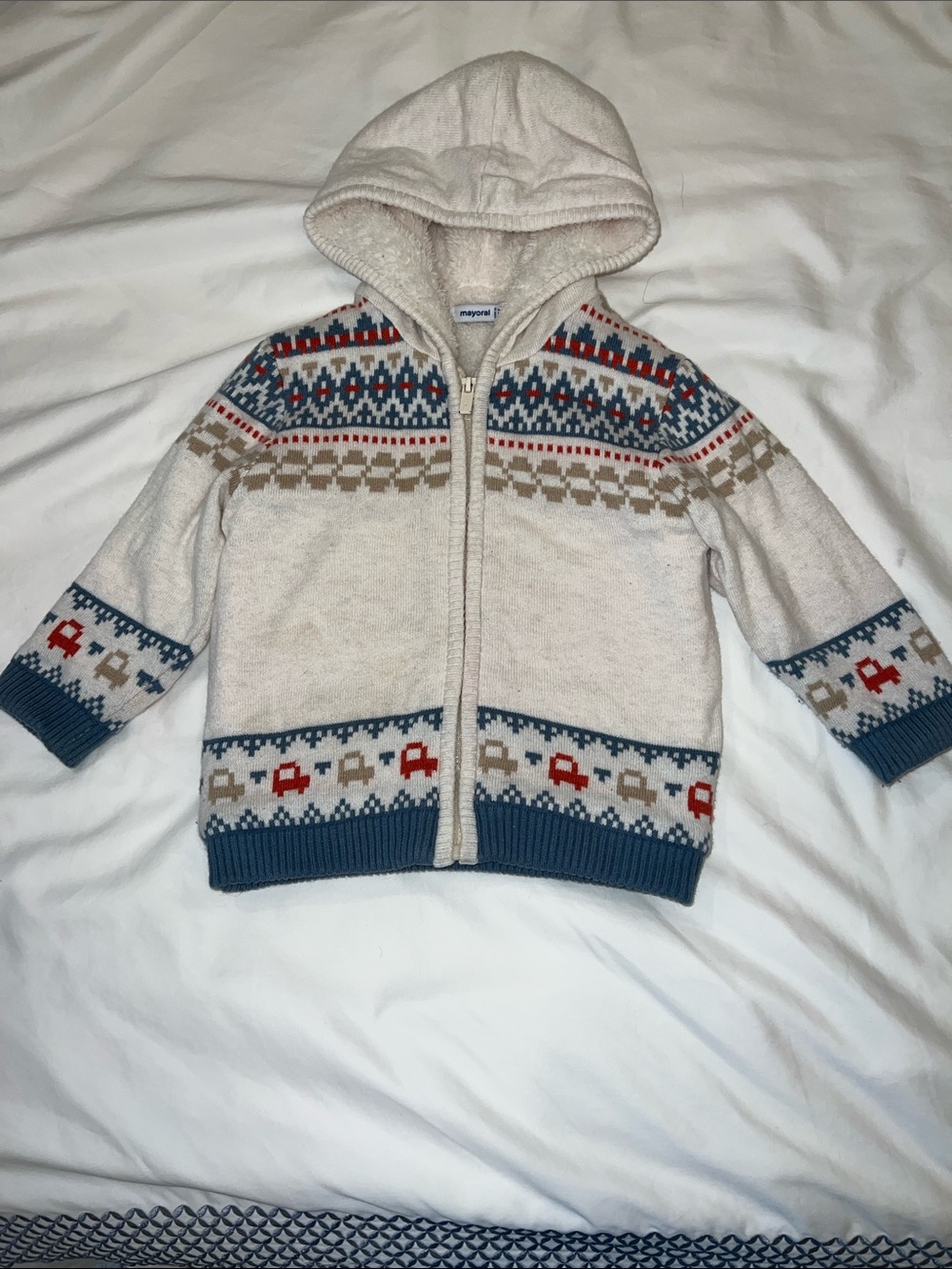 Mayoral Cream Hooded Zip Sweater with Blue and Red Fair Isle Accents